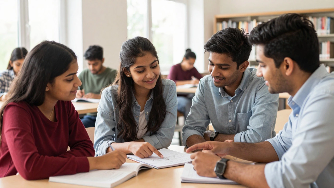 Indian students collaborating and studying together in library