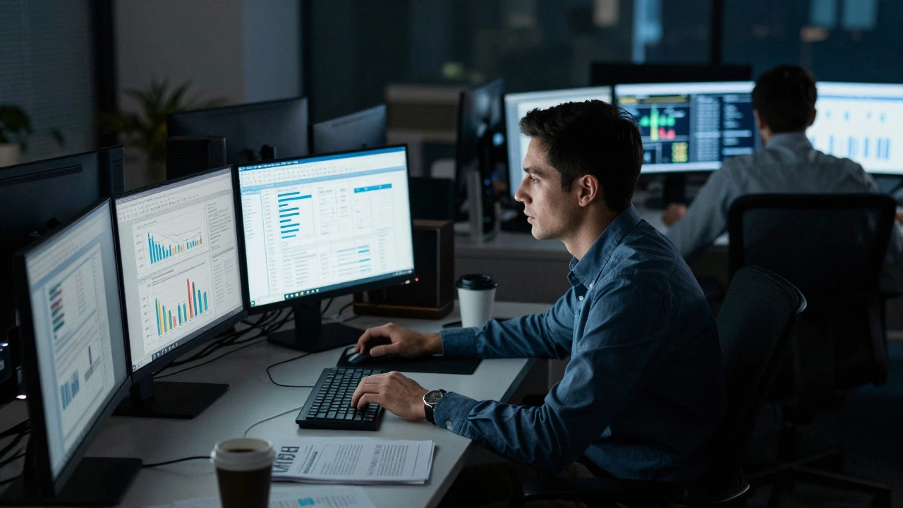 MBA graduate working late on financial models in a dim office