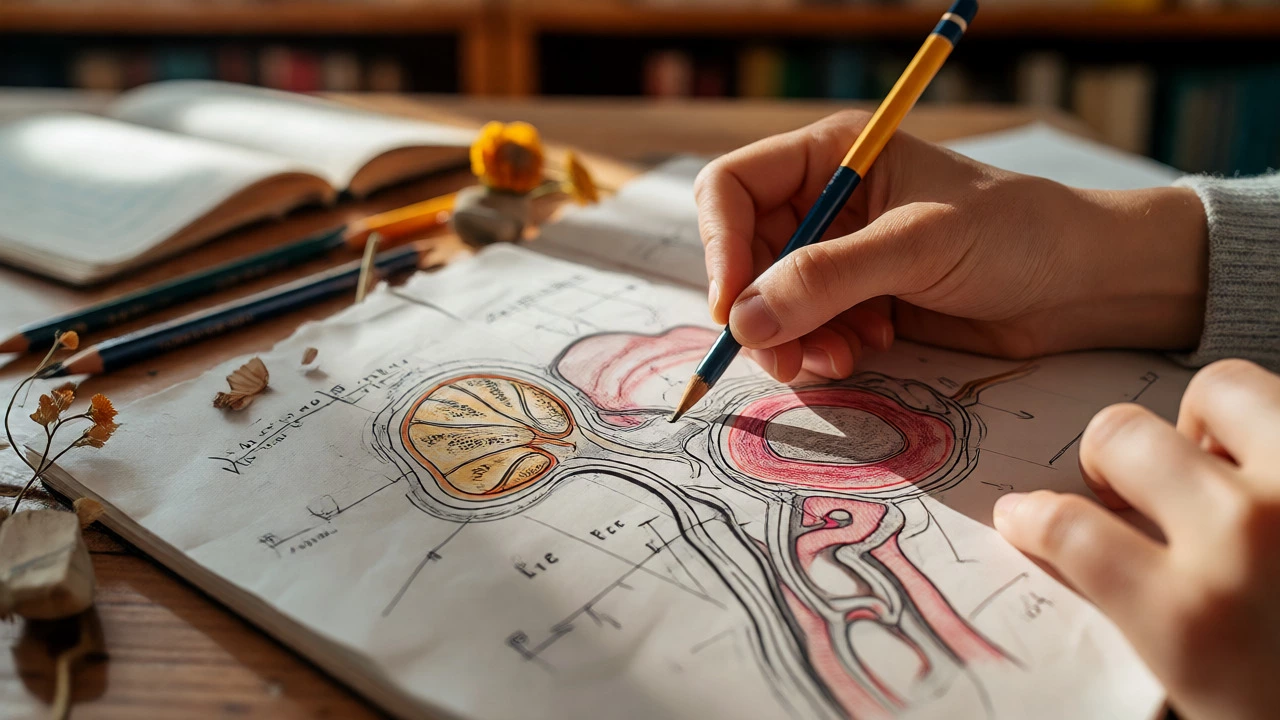 Close-up of hands sketching biological diagrams like a nephron
