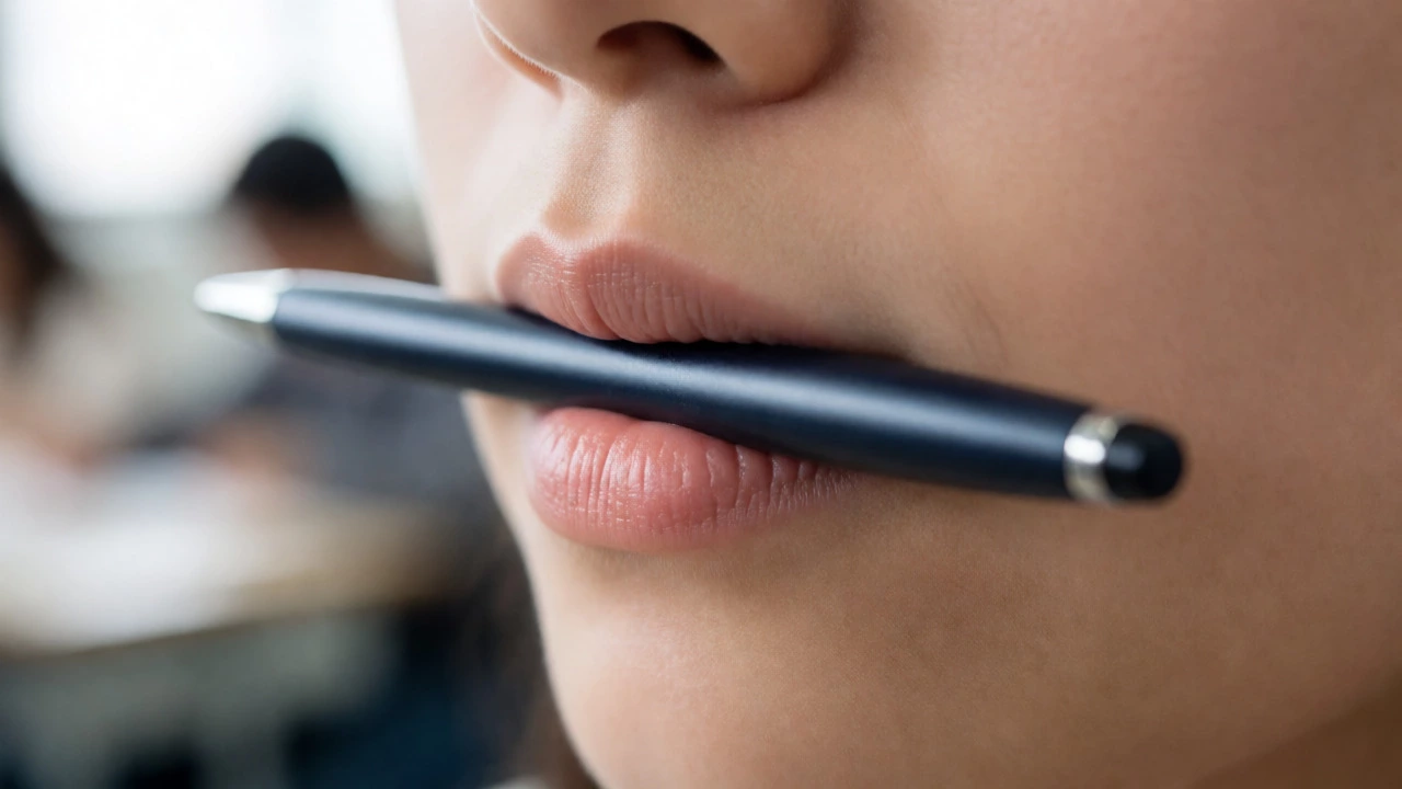 Close-up of mouth holding a pen for articulation drill