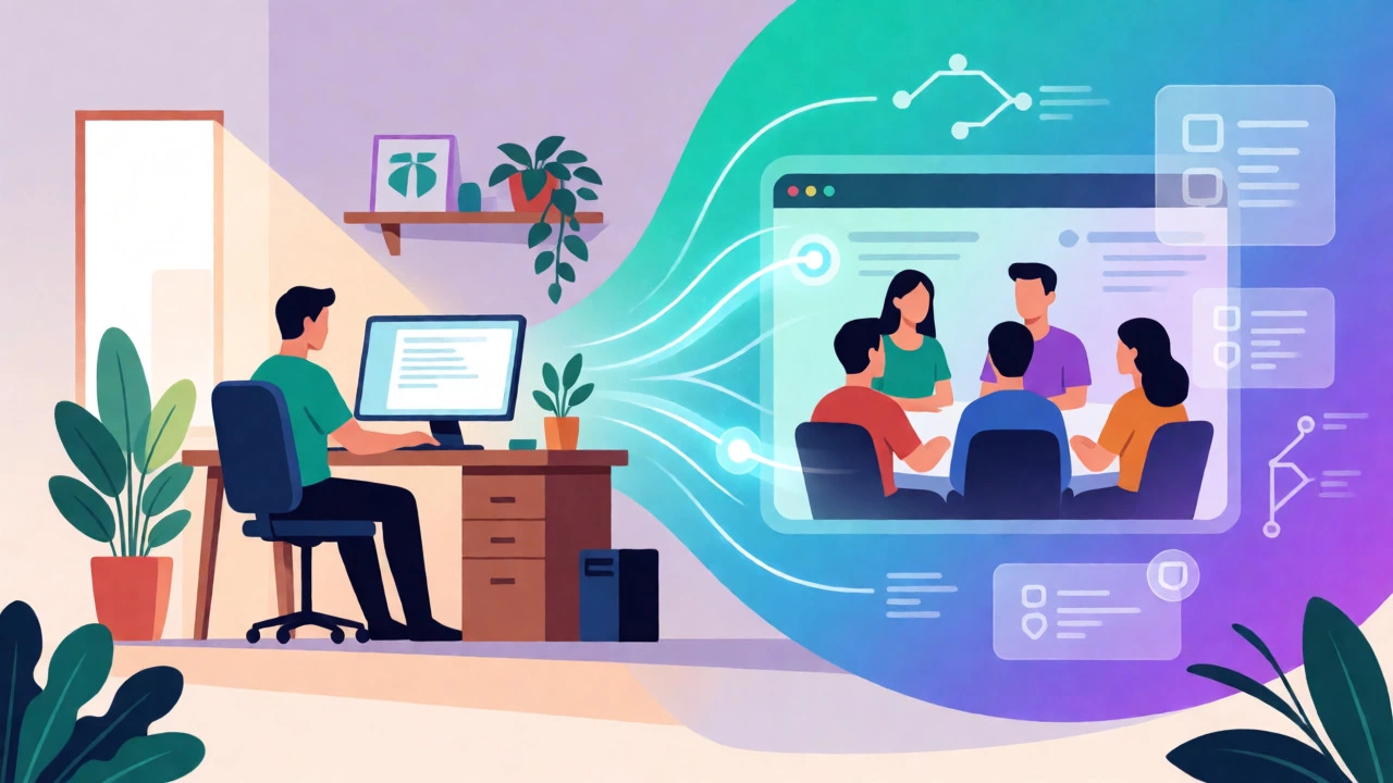 Illustration connecting a home coder to a virtual team via glowing digital data lines.