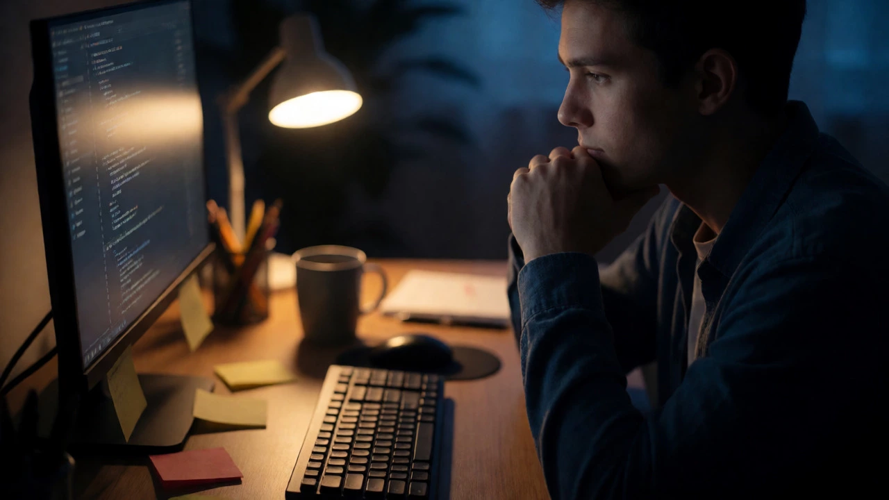 Junior developer working late at night at a dimly lit home desk, showing remote discipline.