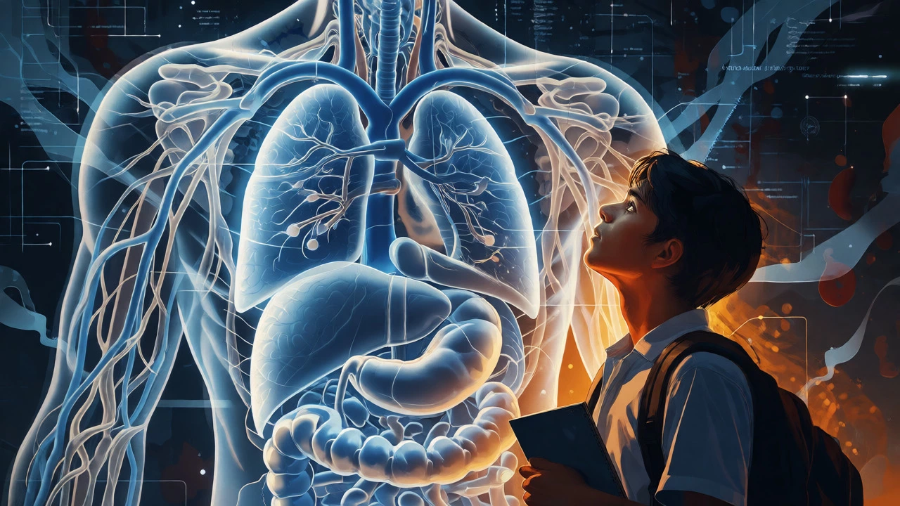 Student facing a large hologram of human physiological systems