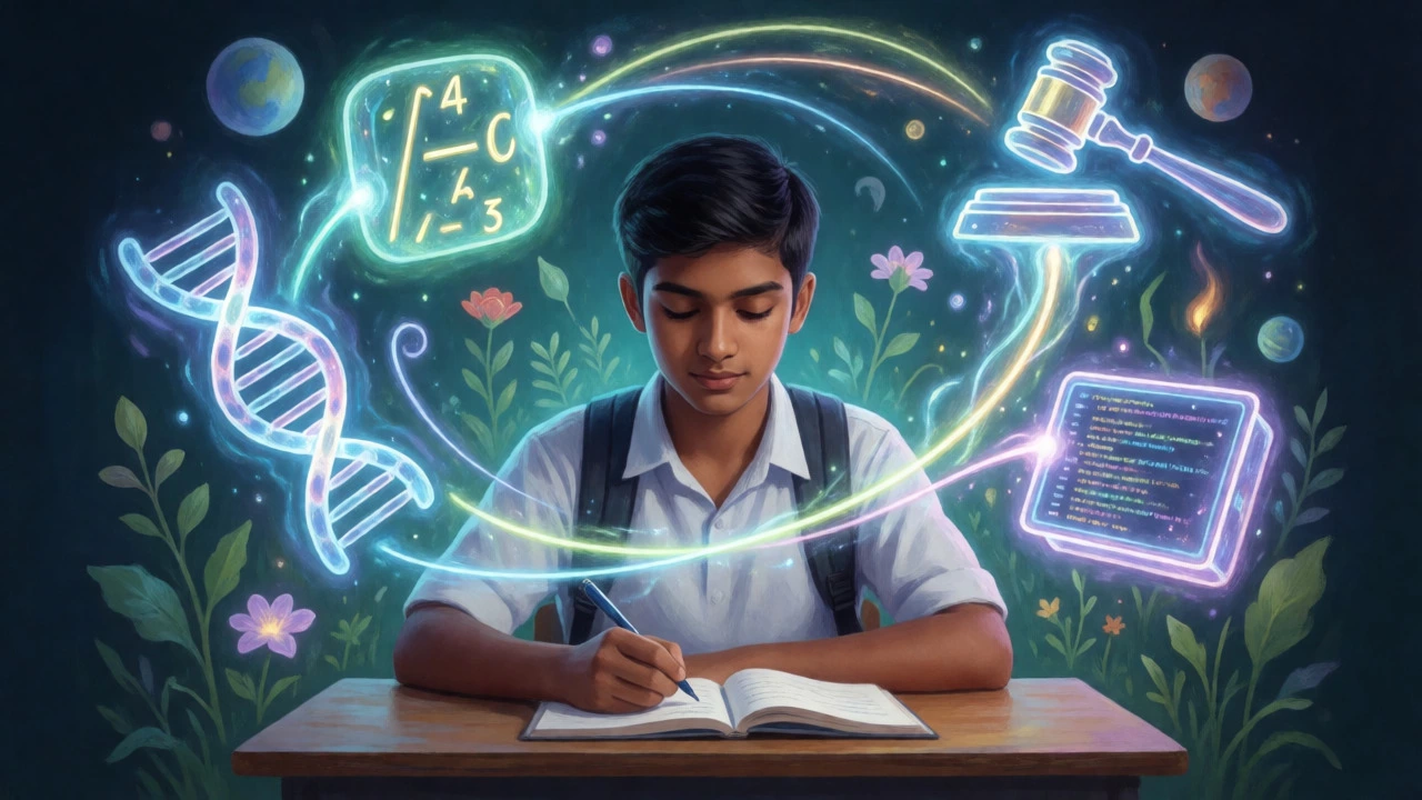 Student surrounded by floating subject icons representing aligned academic strengths and interests