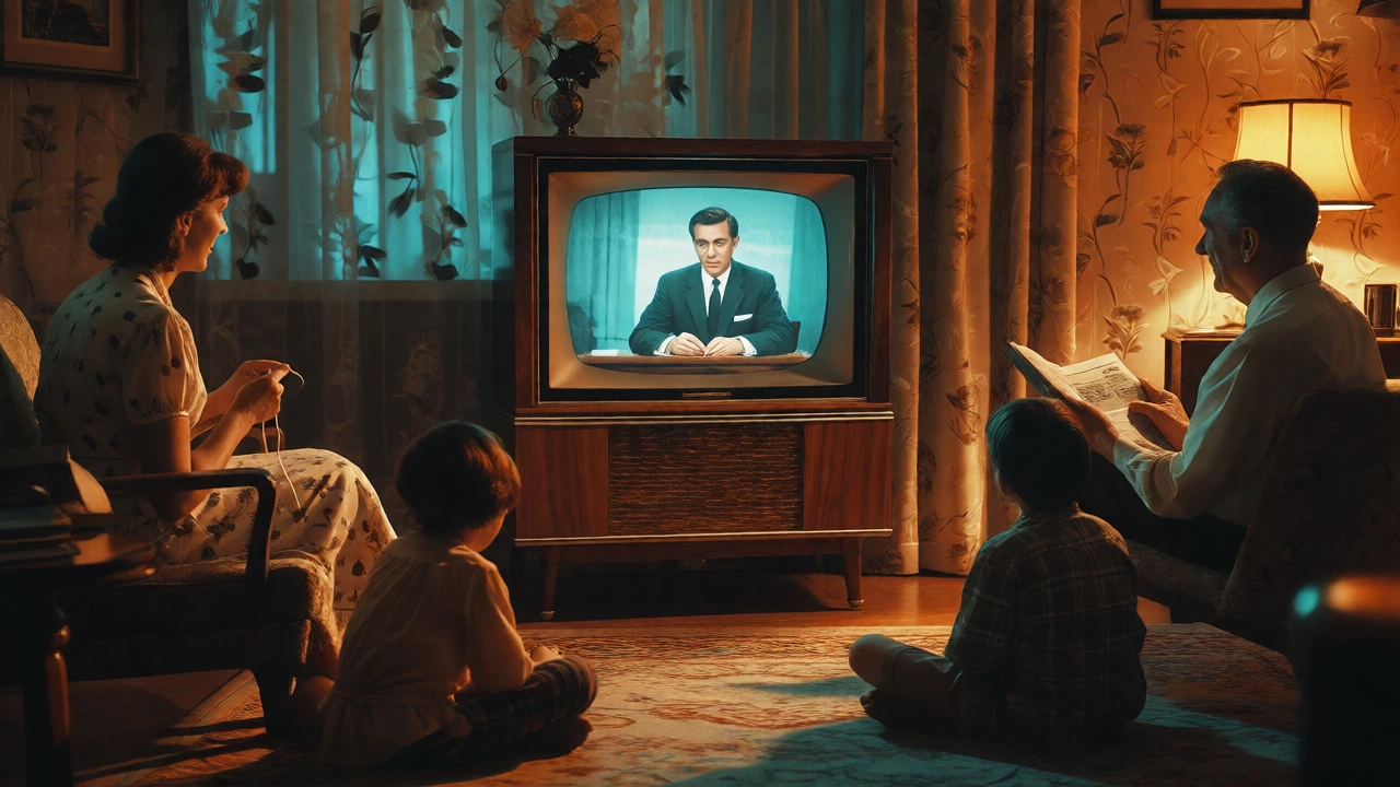 A 1960s family watching an educational program on a vintage television set.