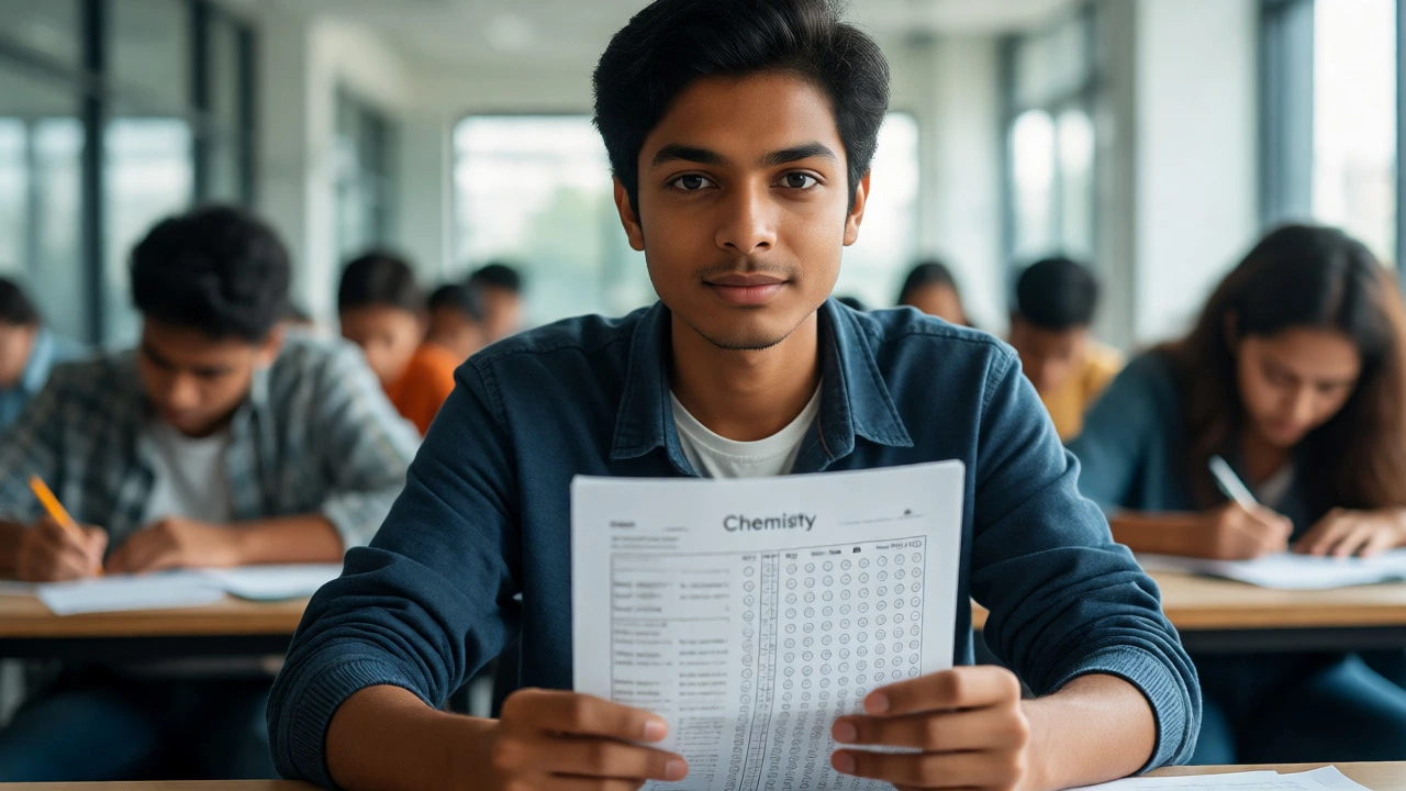 A confident student holding an answer sheet in a classroom, illustrating strategic exam success.