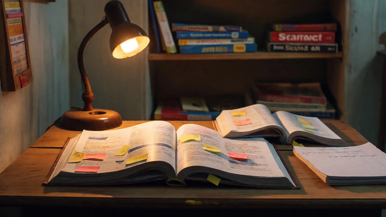 A student studying alone at a desk with NCERT books under a lamp