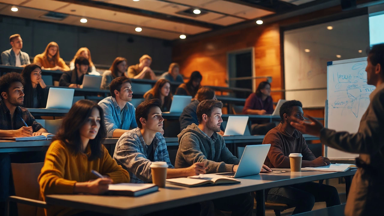 Adult students attending an evening MBA class in a modern lecture hall
