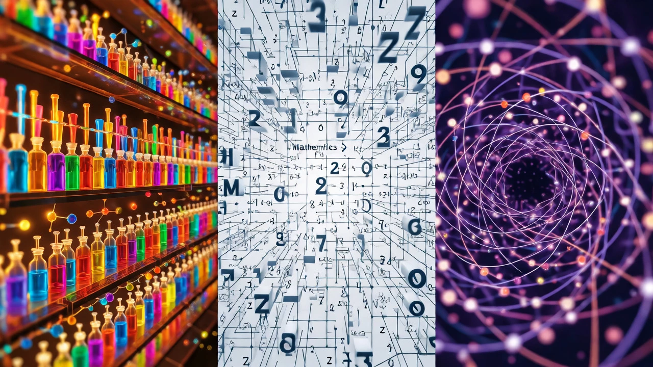 Conceptual art contrasting Chemistry's structure, Math's logic, and Physics' complexity.