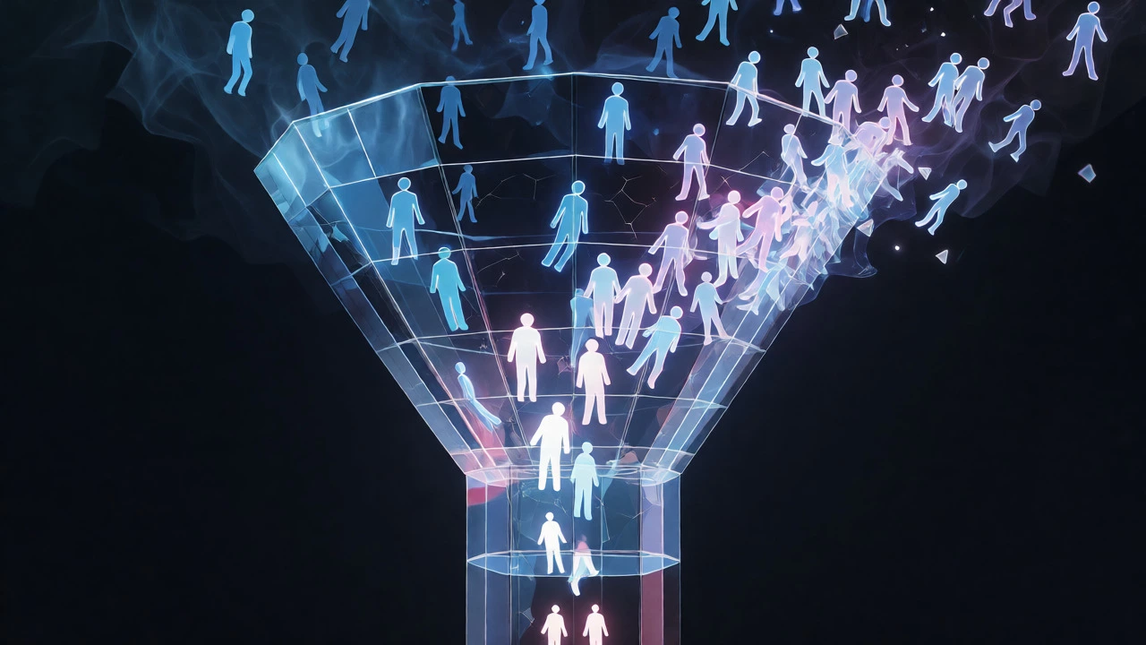 Conceptual art of students leaking from an engineering funnel