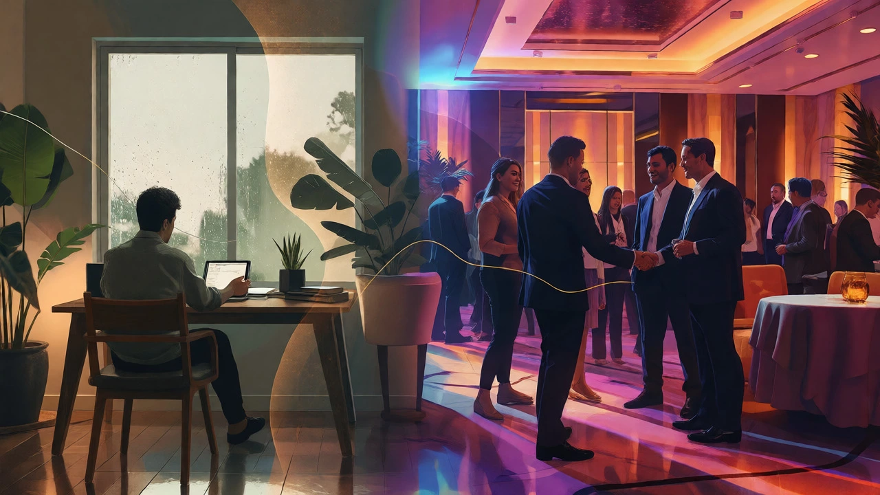 Conceptual split view of home study and professional networking events