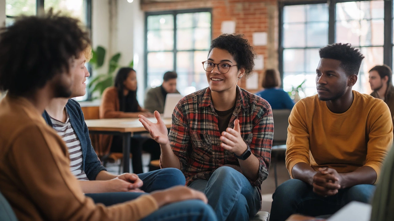 Confident individuals having a relaxed conversation in a co-working space