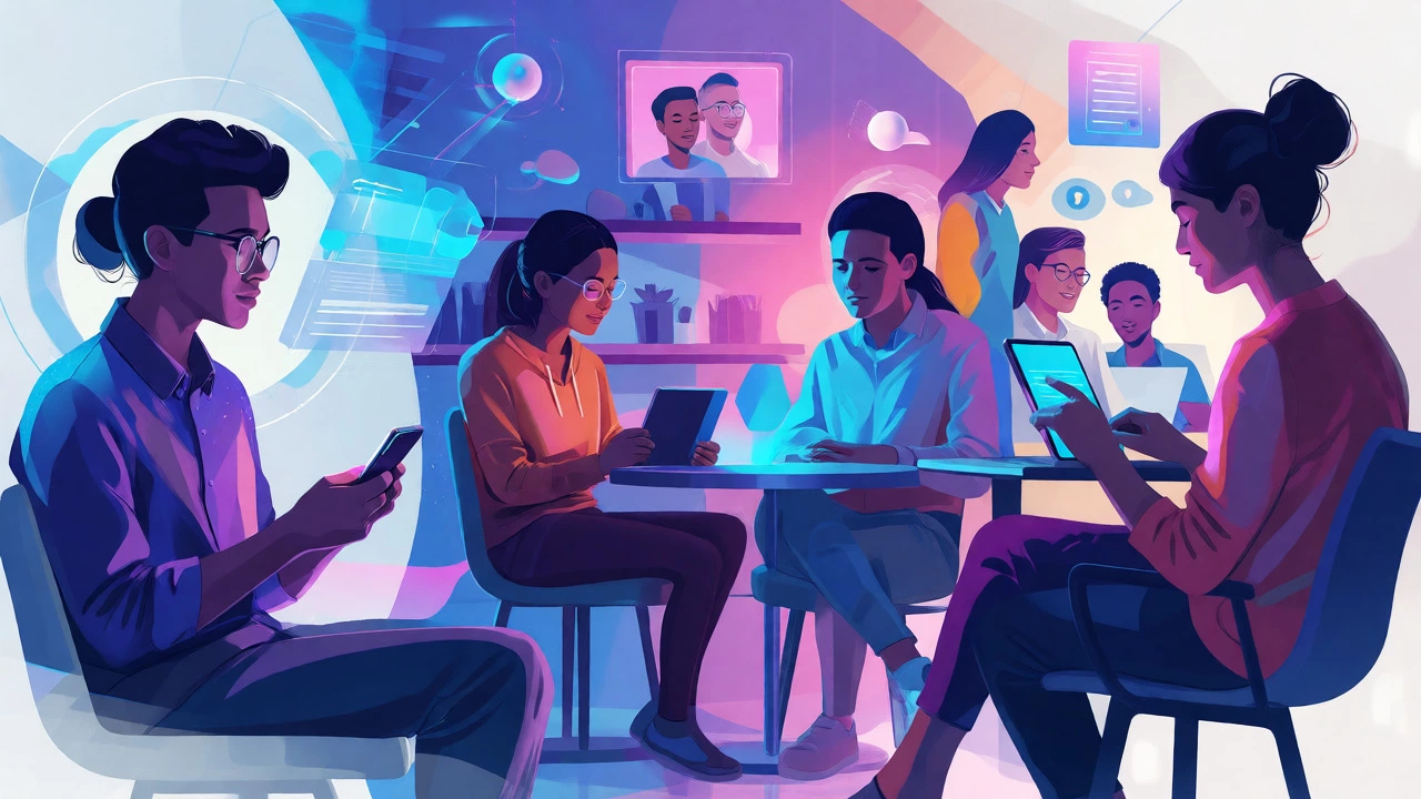 Diverse students engaging in modern online learning across various devices and locations.