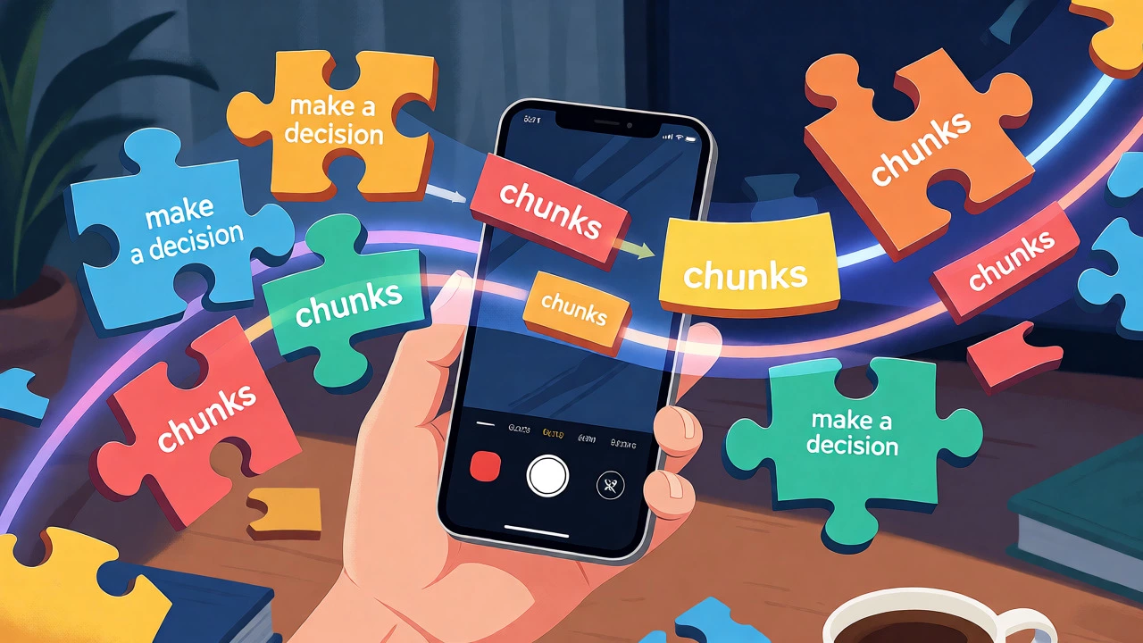 Hand recording voice with floating phrase chunks forming a smooth stream of light