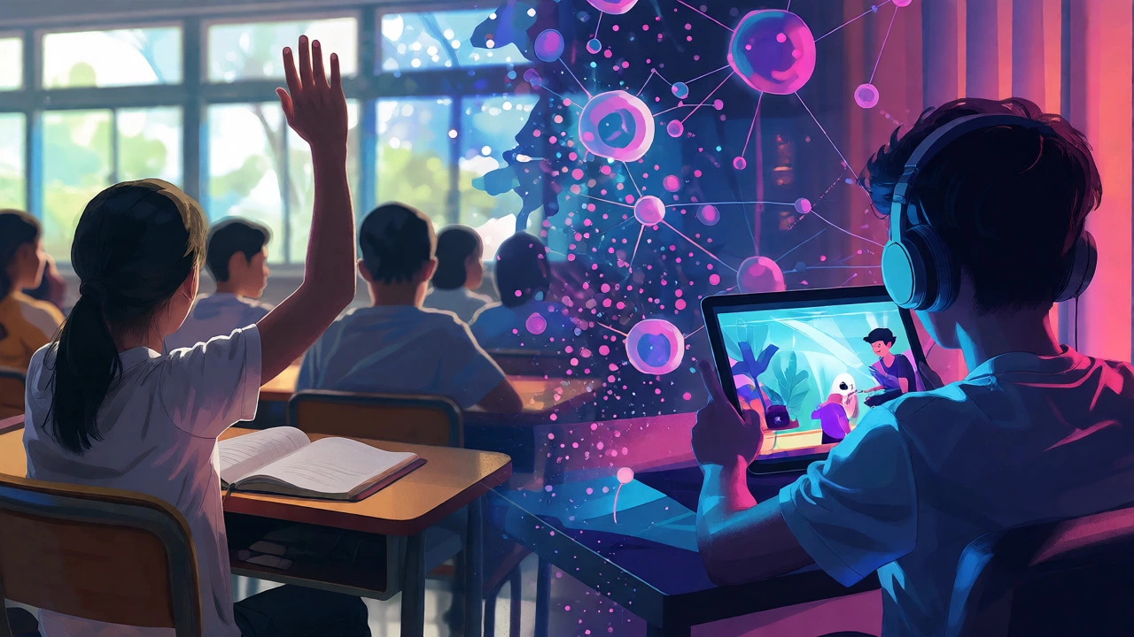 Split view showing a student in a classroom and studying online at home