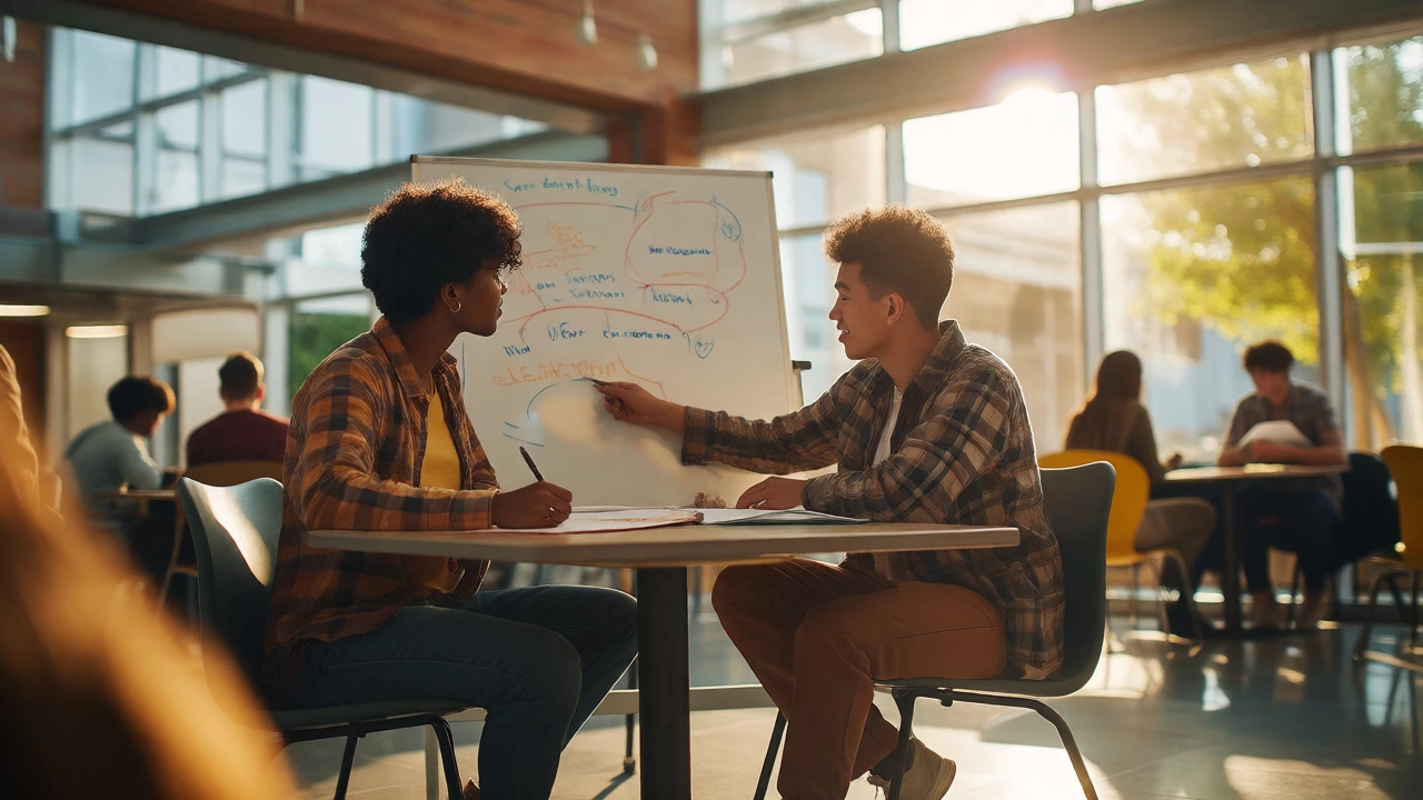 Two students collaborating in a bright campus study area
