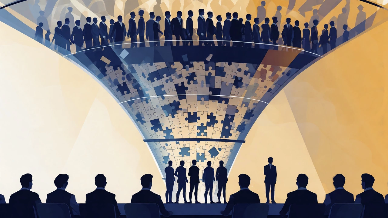 Visual metaphor of a selection funnel filtering candidates for merit